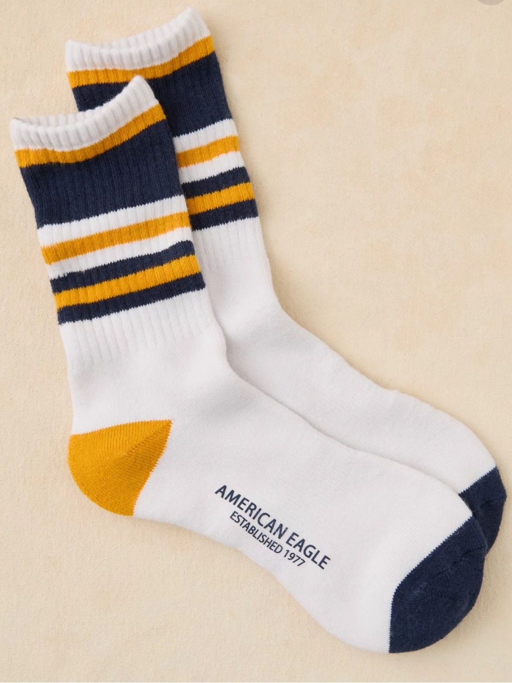 AE Terry Crew White Gold Navy Varsity Stripe Socks
